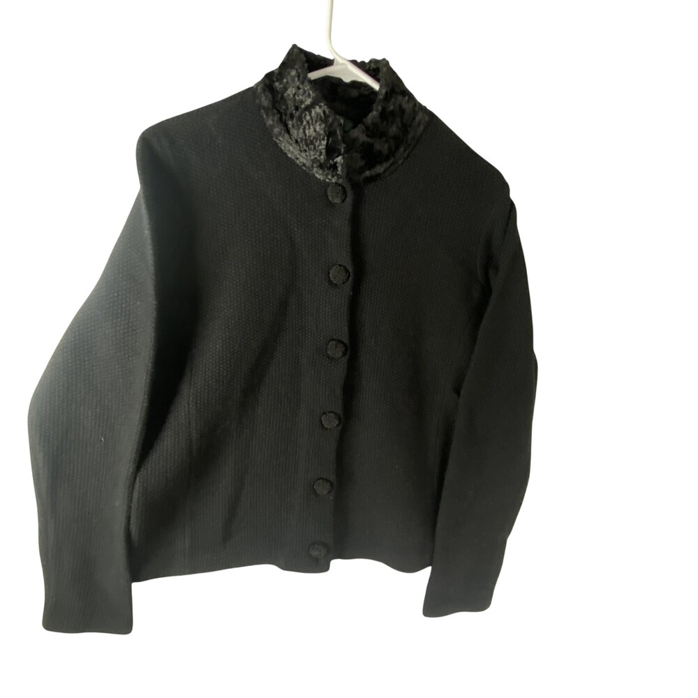 Lauren Ralph Lauren Cardigan Sweater Womens Large Black Faux Fur Collar Knit